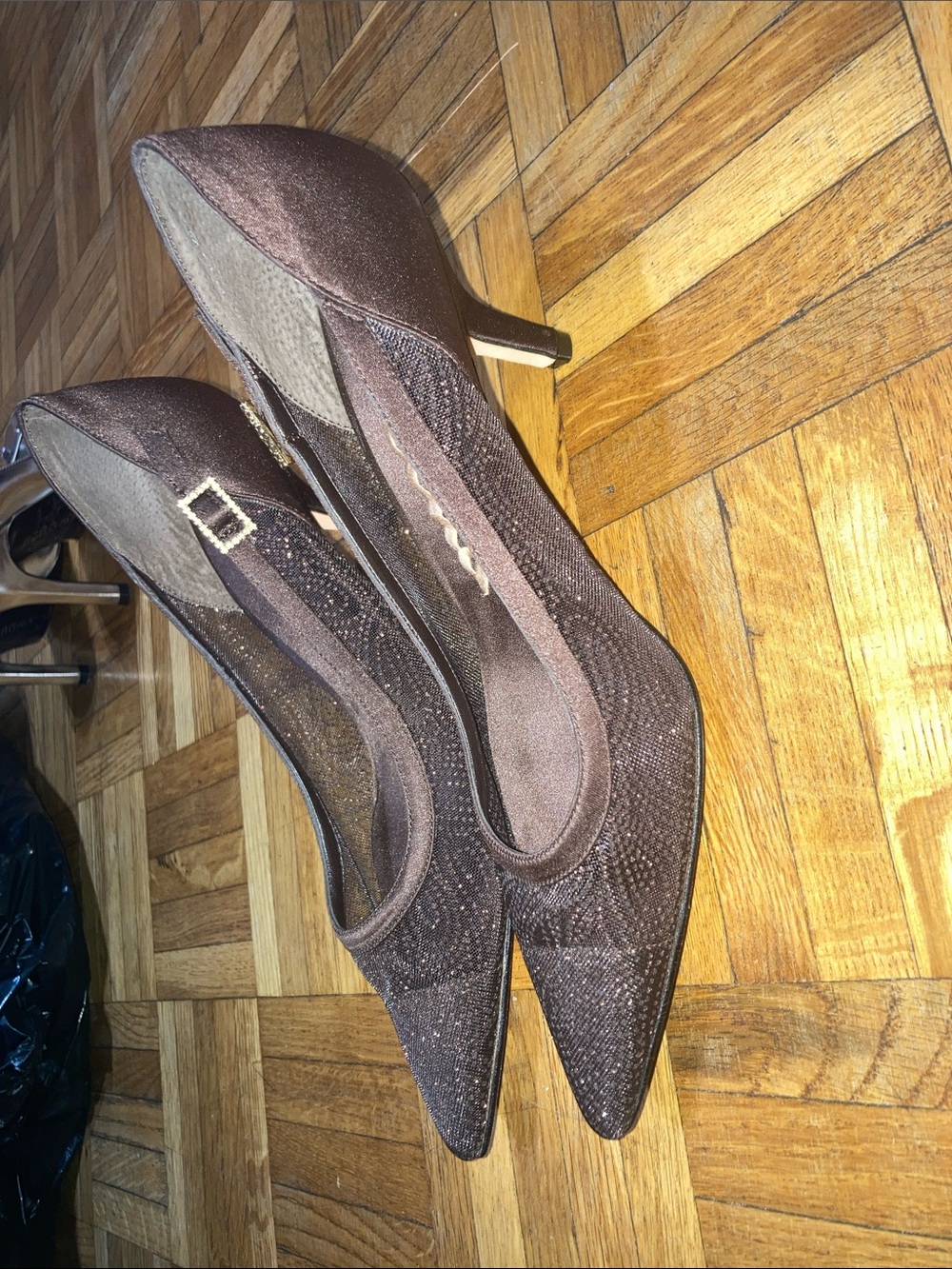 Nina Brown Pointed Toe Mid-Heel Pumps with Subtle Sparkle